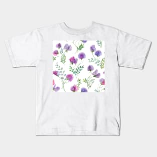 Sweet pea and spring leaves watercolor botanical print. Romantic transparent flowers. Spring floral bouquets Kids T-Shirt